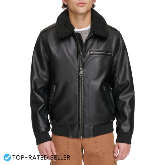 Faux Leather Aviator Bomber Jacket with Sherpa Collar Classic Retro Style